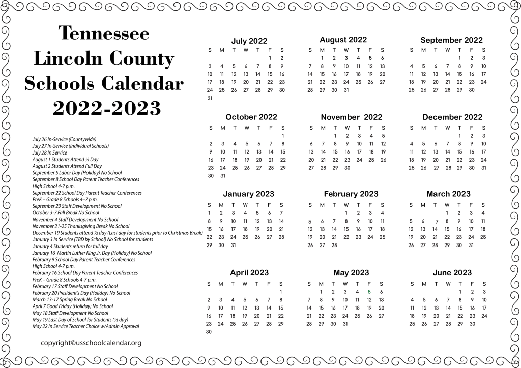 Tennessee Lincoln County Schools Calendar 2022-2023 2