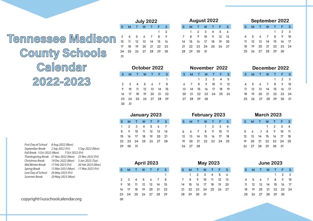 Tennessee Madison County Schools Calendar 2022-2023