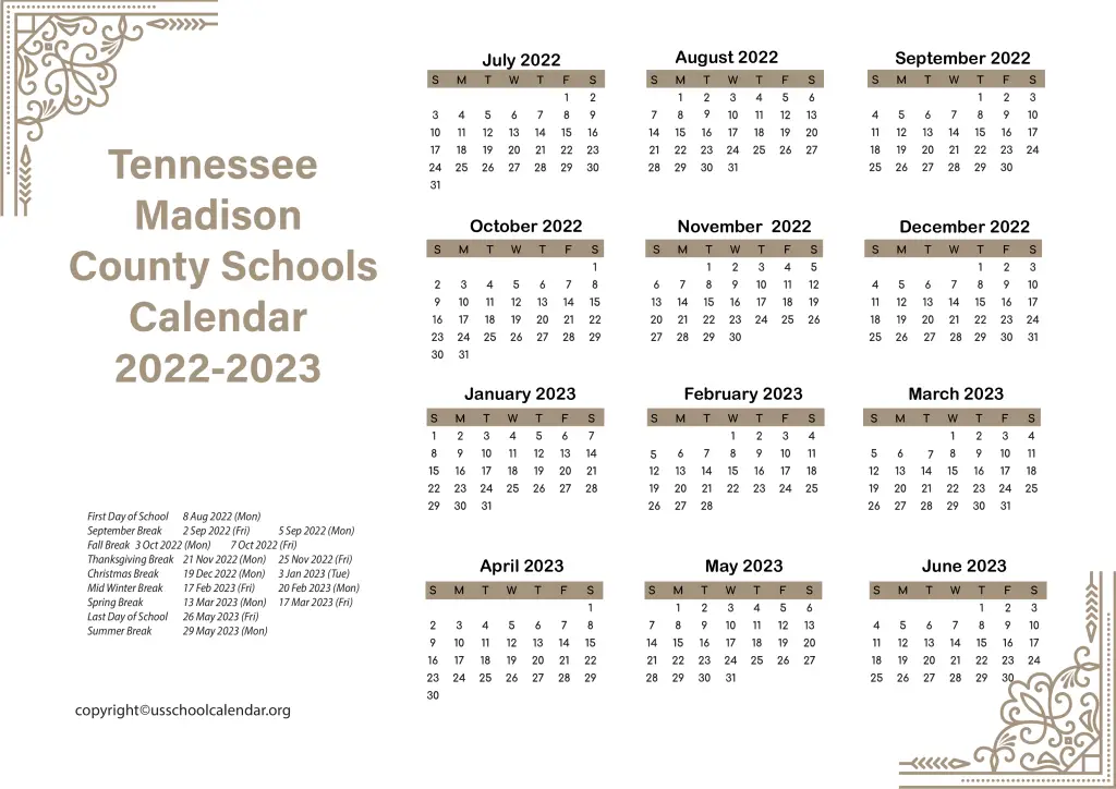 Tennessee Madison County Schools Calendar 2022-2023 2