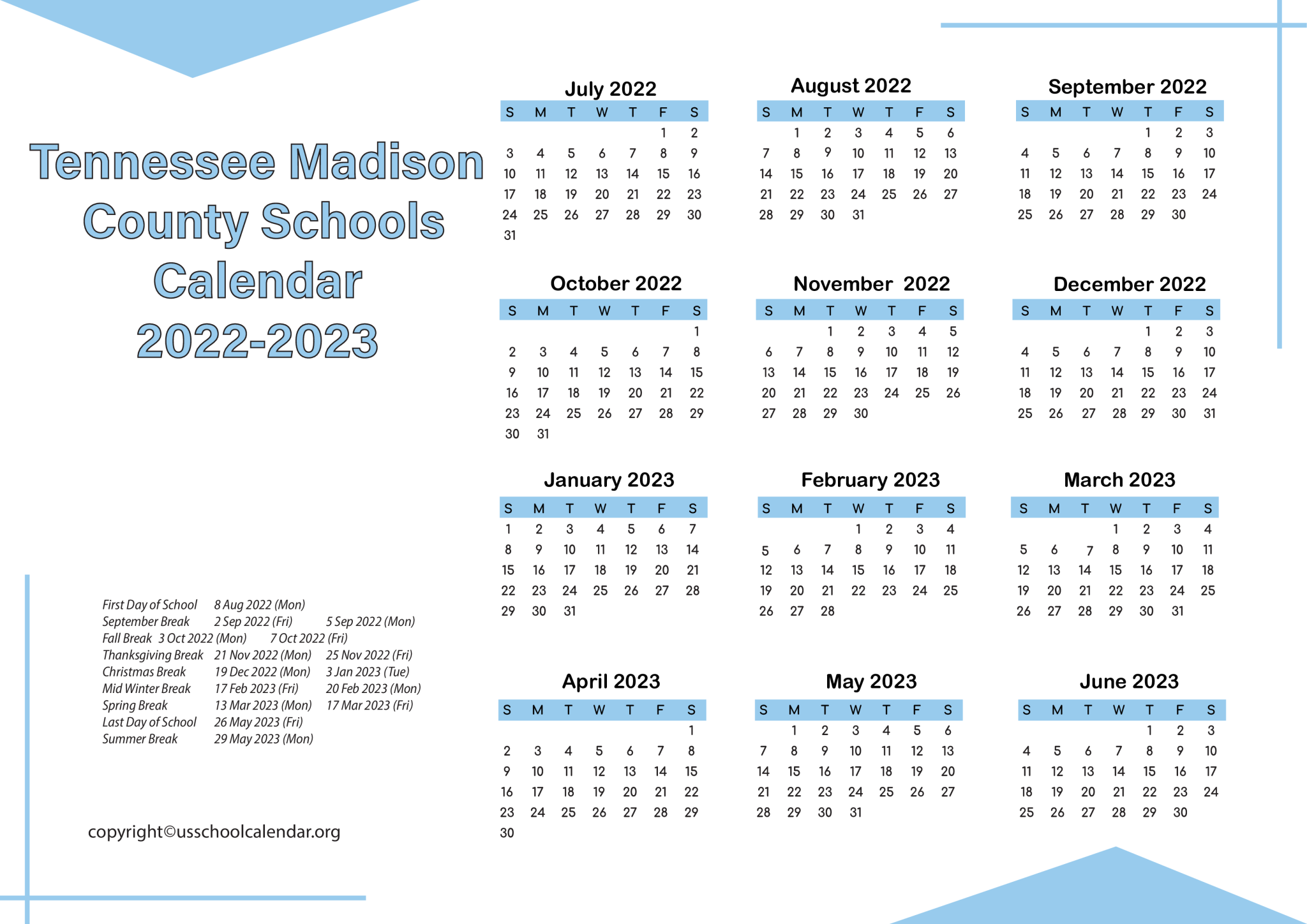 [JMCSS] Tennessee Madison County Schools Calendar 2023
