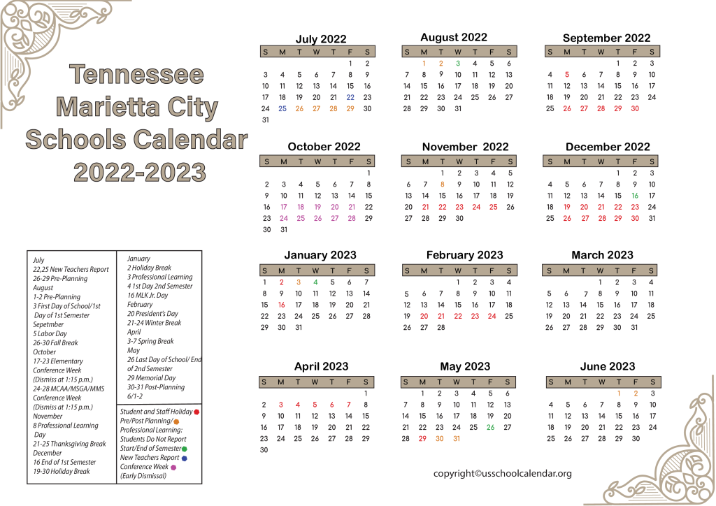 Tennessee Marietta City Schools Calendar 2022-2023 3