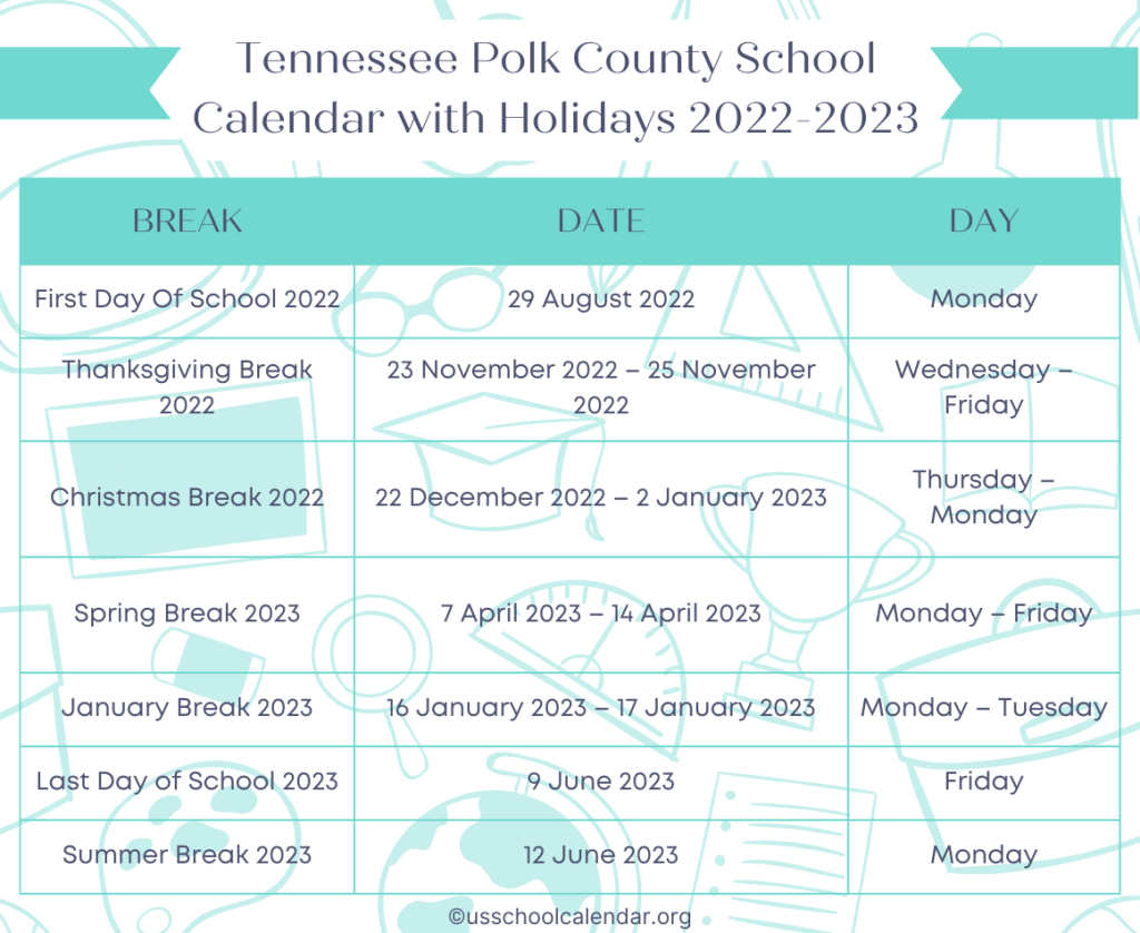 Tennessee Polk County School Calendar with Holidays 2022-2023