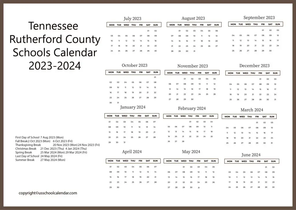 Tennessee Rutherford County Schools Calendar