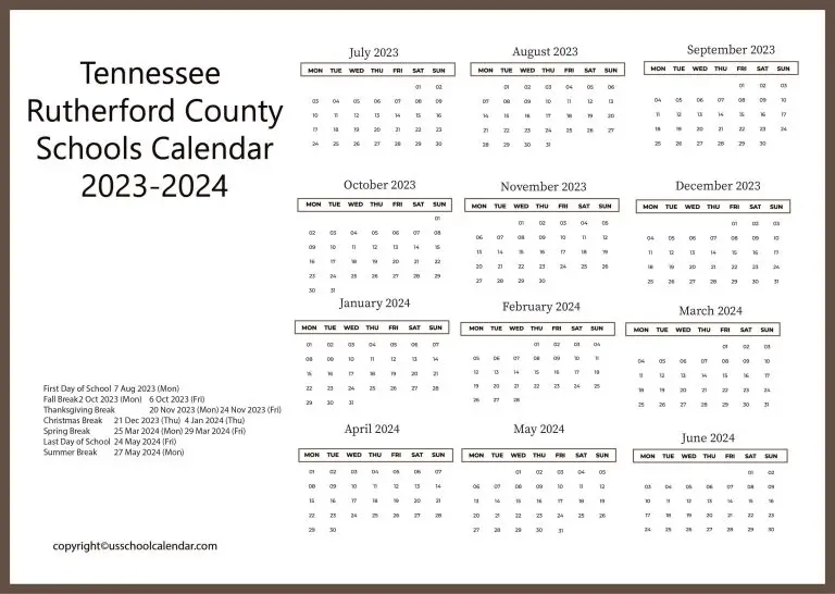 Tennessee Rutherford County Schools Calendar 20232024