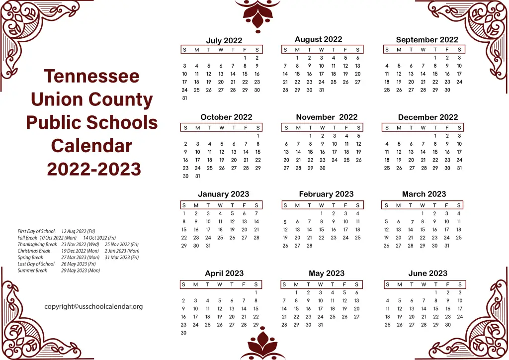 Tennessee Union County Public Schools Calendar 2022-2023