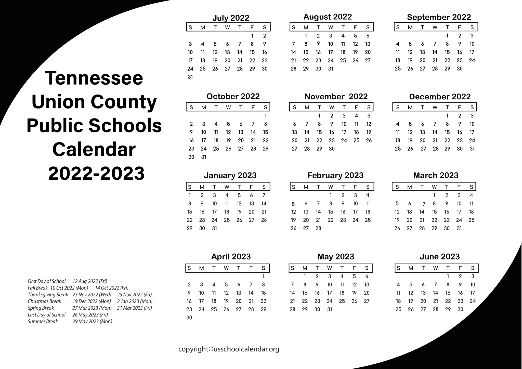 Tennessee Union County Public Schools Calendar 2023