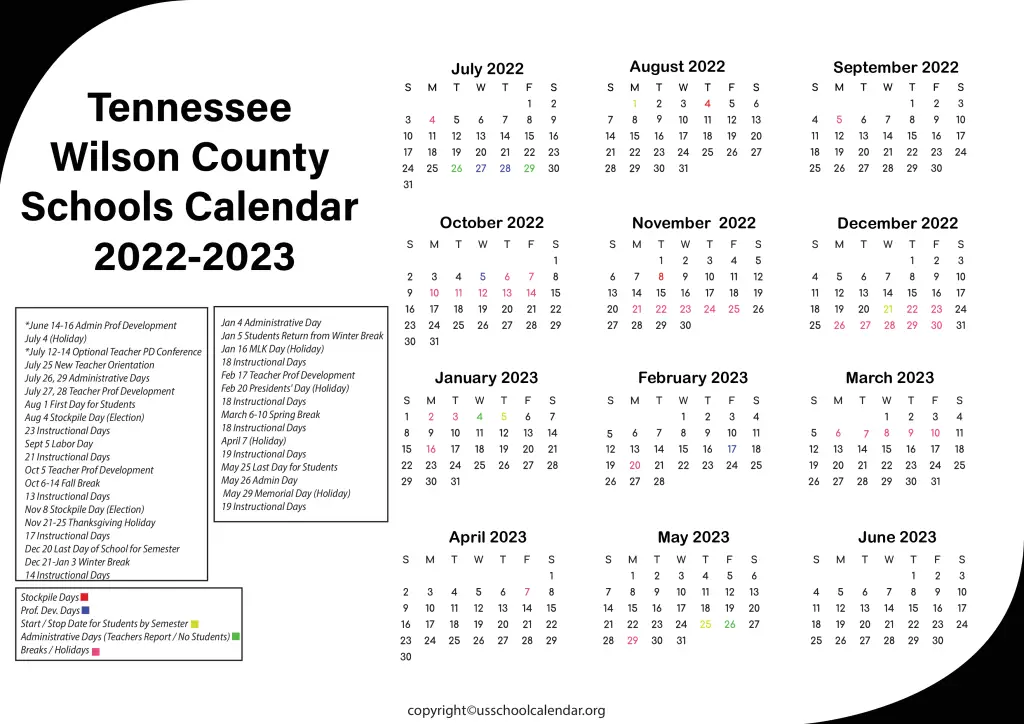 Tennessee Wilson County Schools Calendar 2022-2023