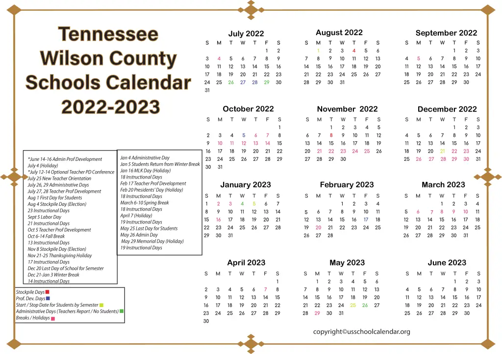 Tennessee Wilson County Schools Calendar 2022-2023 2