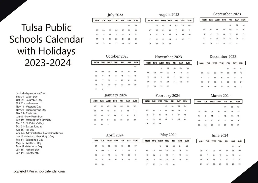Tulsa Public Schools District Calendar