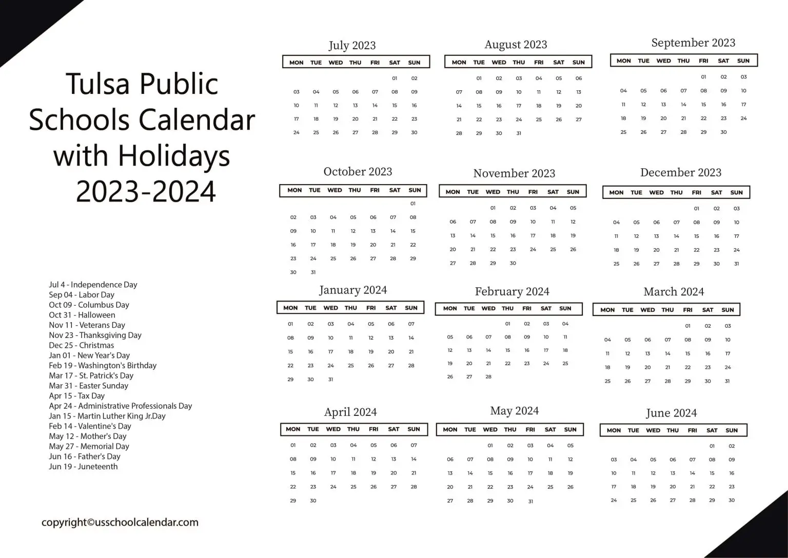 Tulsa Public Schools Calendar with Holidays 2023 2024