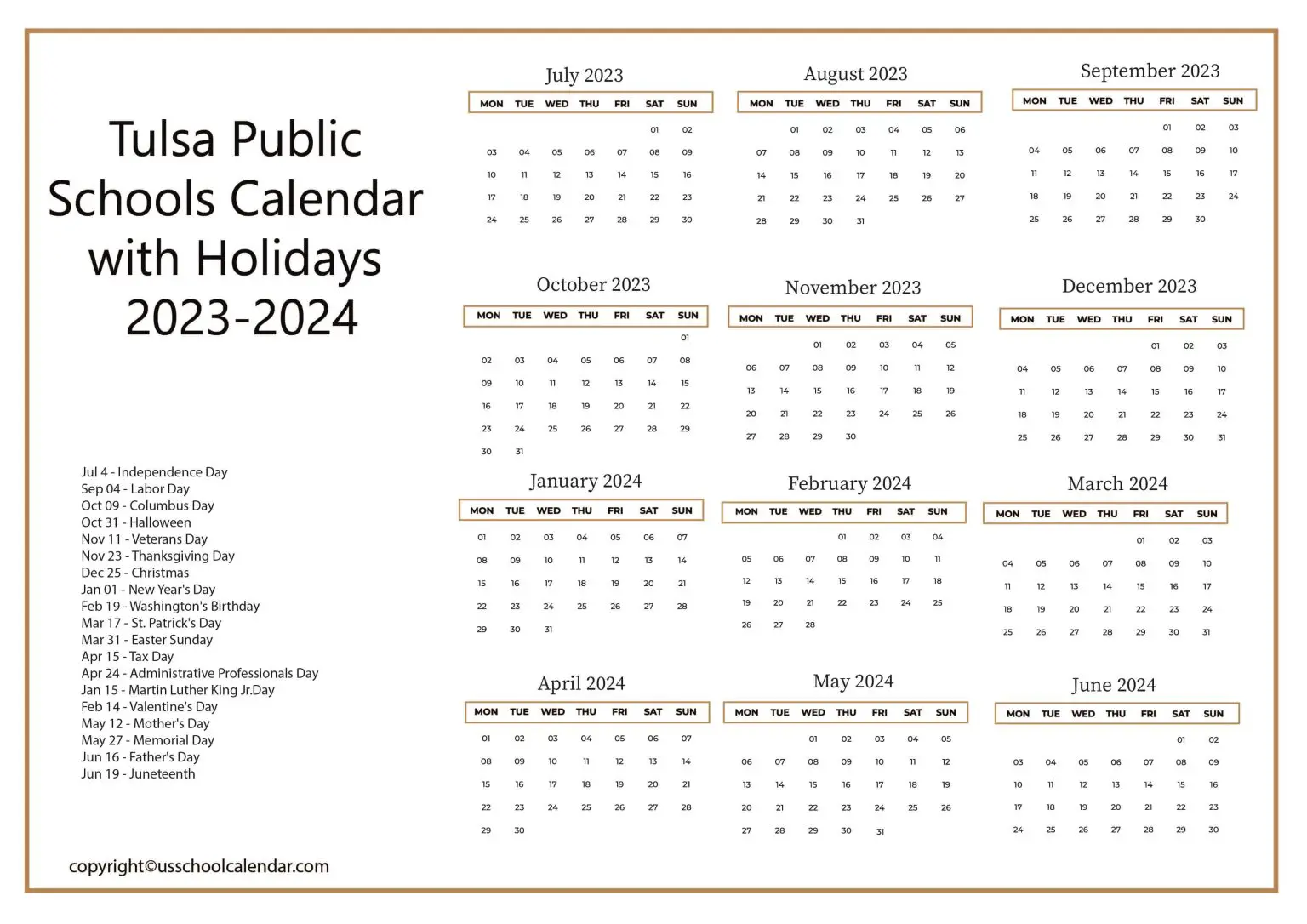 Tulsa Public Schools Calendar with Holidays 2023 2024