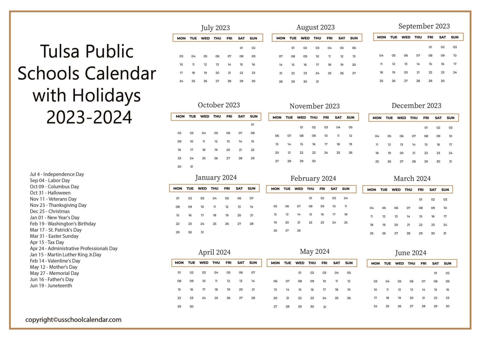 Tulsa Public Schools Calendar with Holidays 20232024