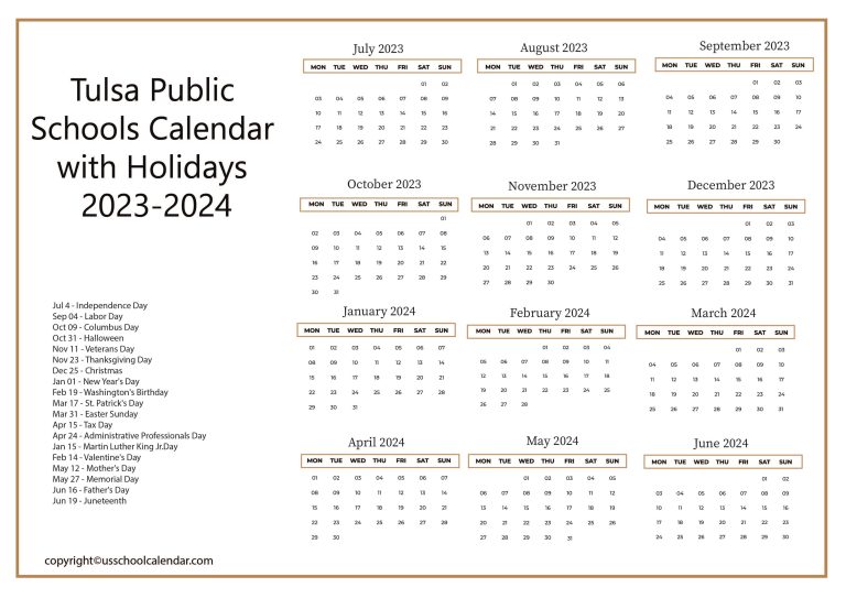 Tulsa Public Schools Calendar with Holidays 20232024