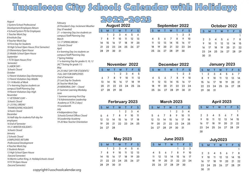 Tuscaloosa City Schools Calendar with Holidays 2022-2023