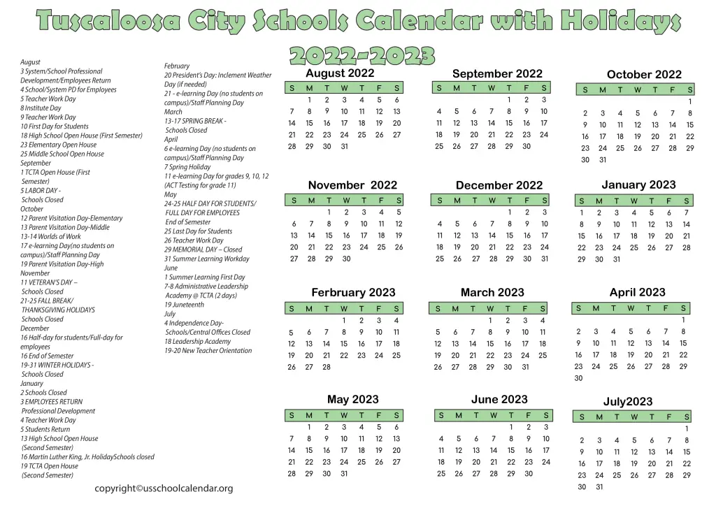 Tuscaloosa City Schools Calendar with Holidays 2022-2023 2