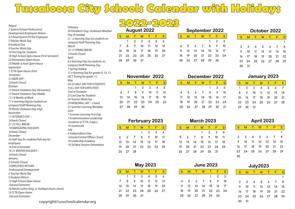 Tuscaloosa City Schools Calendar with Holidays 2022-2023 3