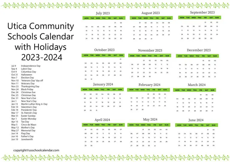 Utica Community Schools Calendar with Holidays 20232024