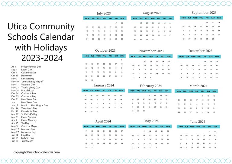 Utica Community Schools Calendar with Holidays 2023 2024
