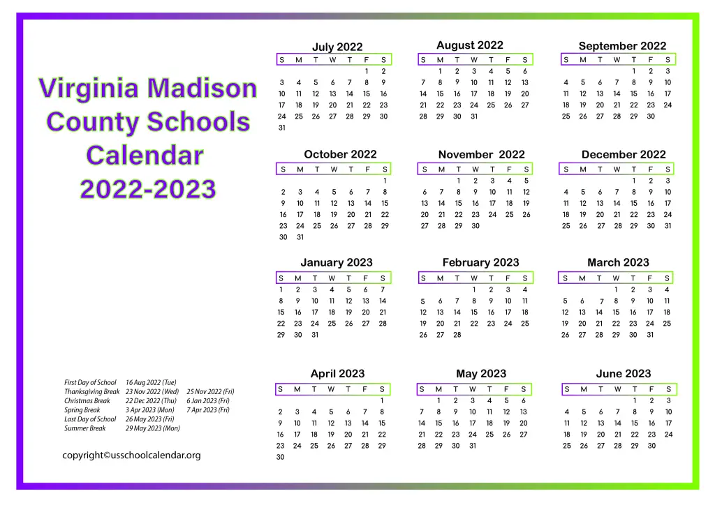 Virginia Madison County Schools Calendar 2022-2023 2