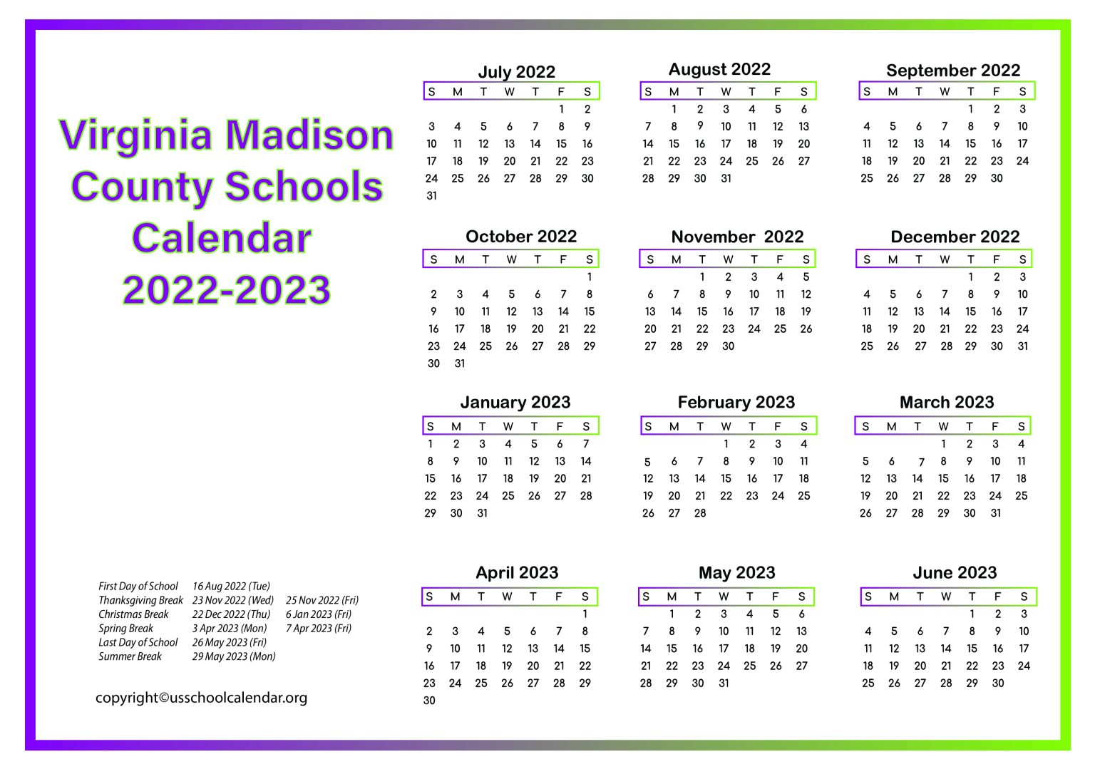 Virginia Madison County Schools Calendar 20222023