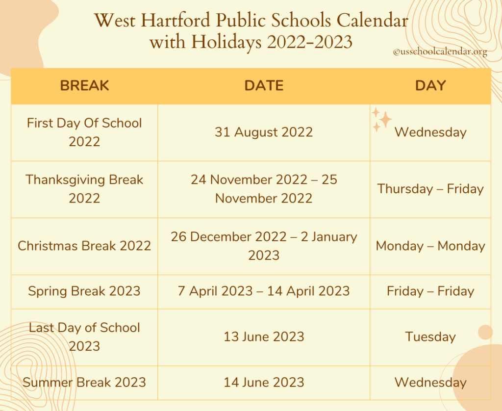West Hartford Public Schools Calendar with Holidays 2022-2023