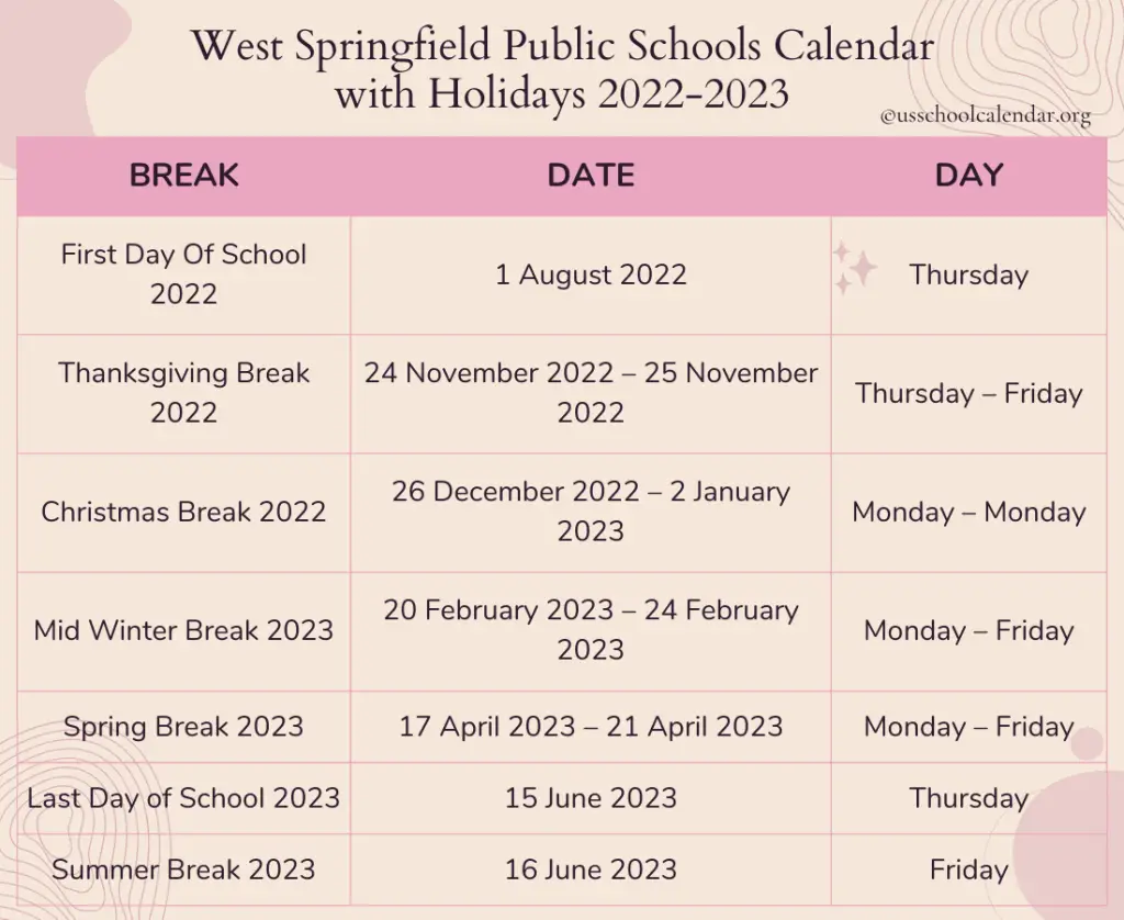 West Springfield Public Schools Calendar with Holidays 2022-2023