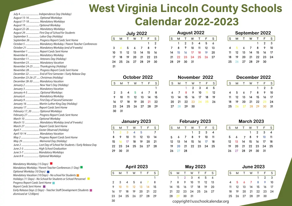 West Virginia Lincoln County Schools Calendar 2022-2023