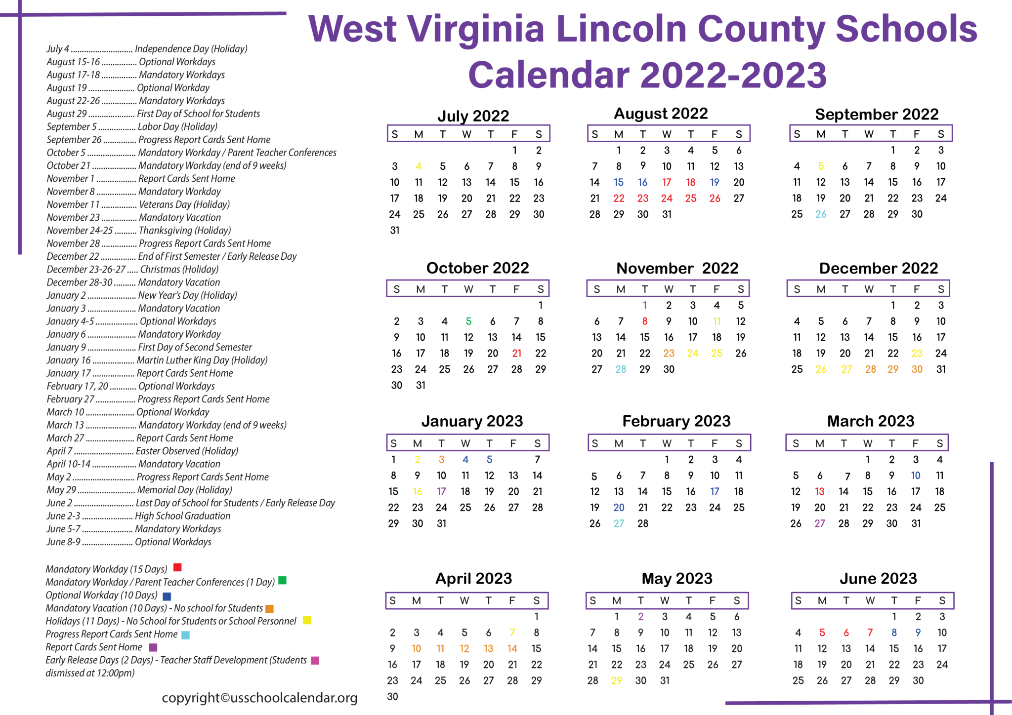 West Virginia Lincoln County Schools Calendar 2023