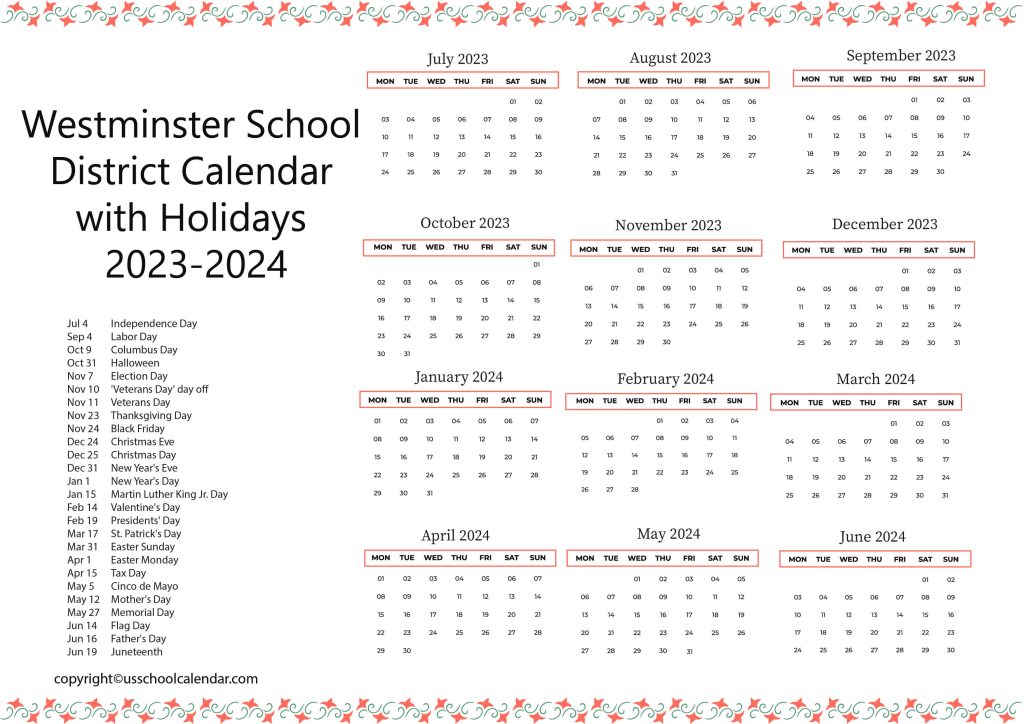 Westminster School District Calendar