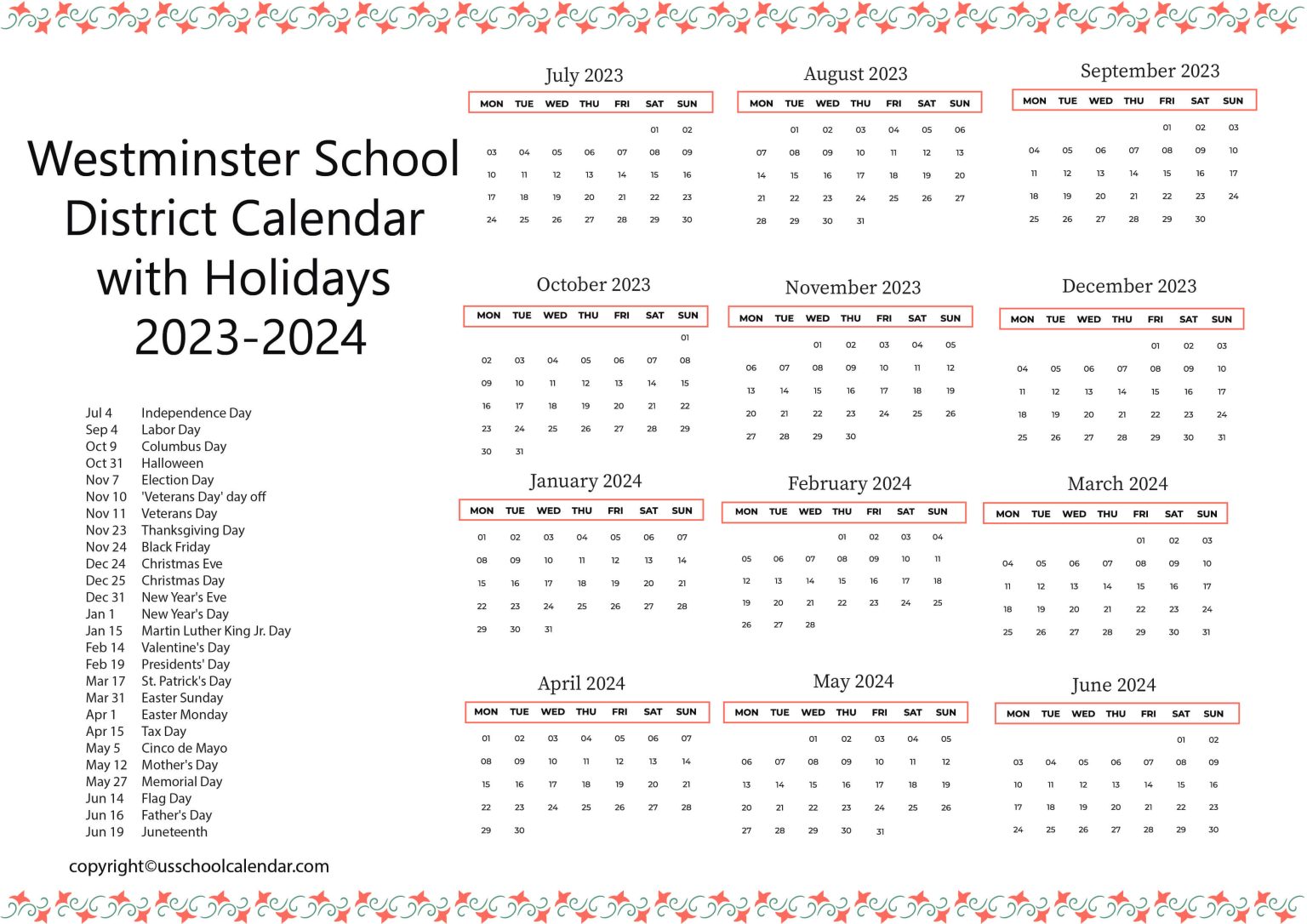 Westminster School District Calendar with Holidays 20232024