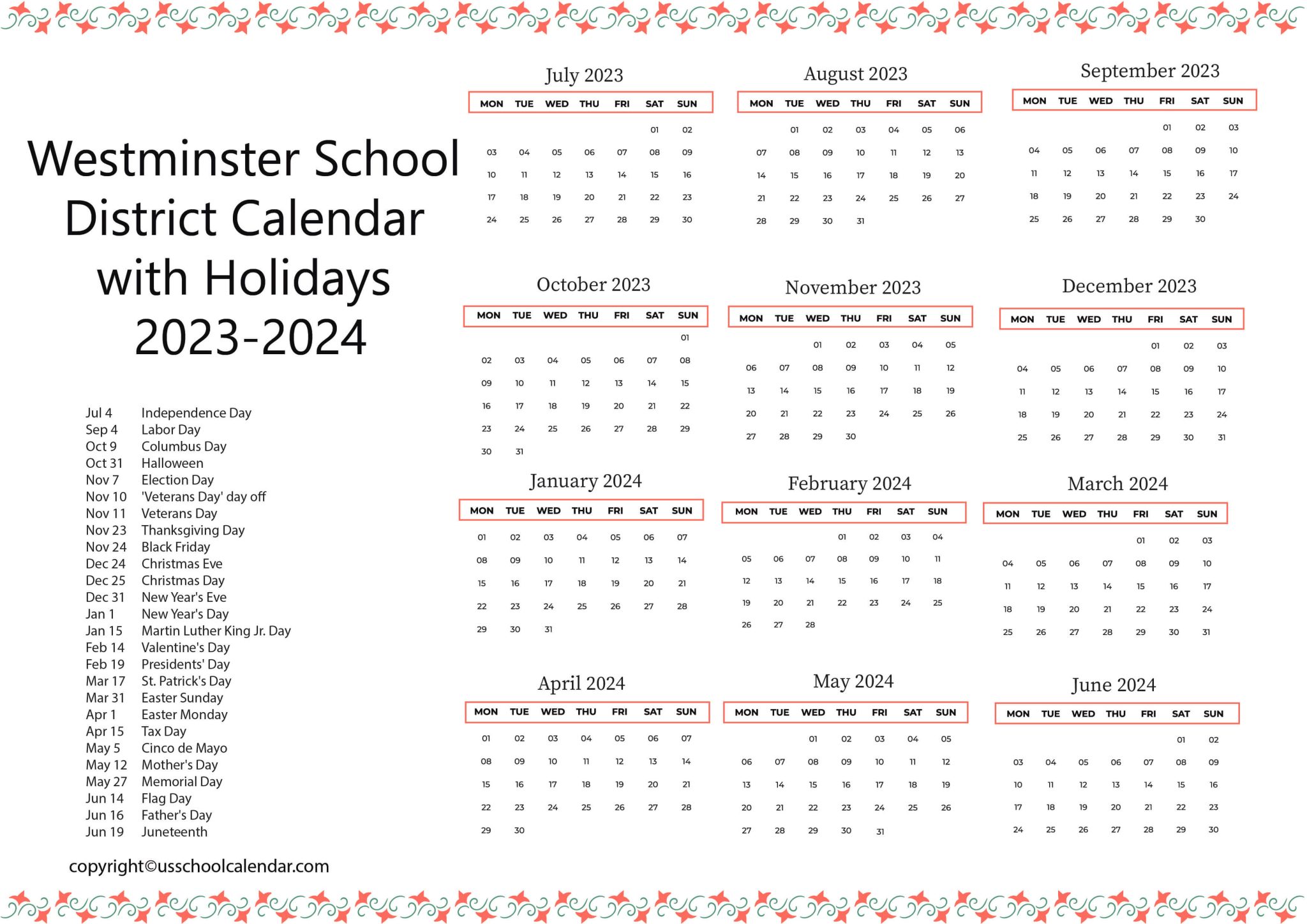 Westminster School District Calendar With Holidays 2023 2024