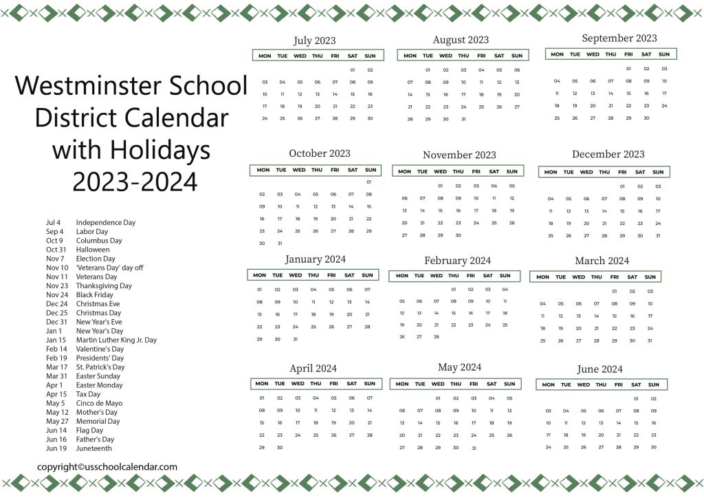 Westminster School District Holiday Calendar