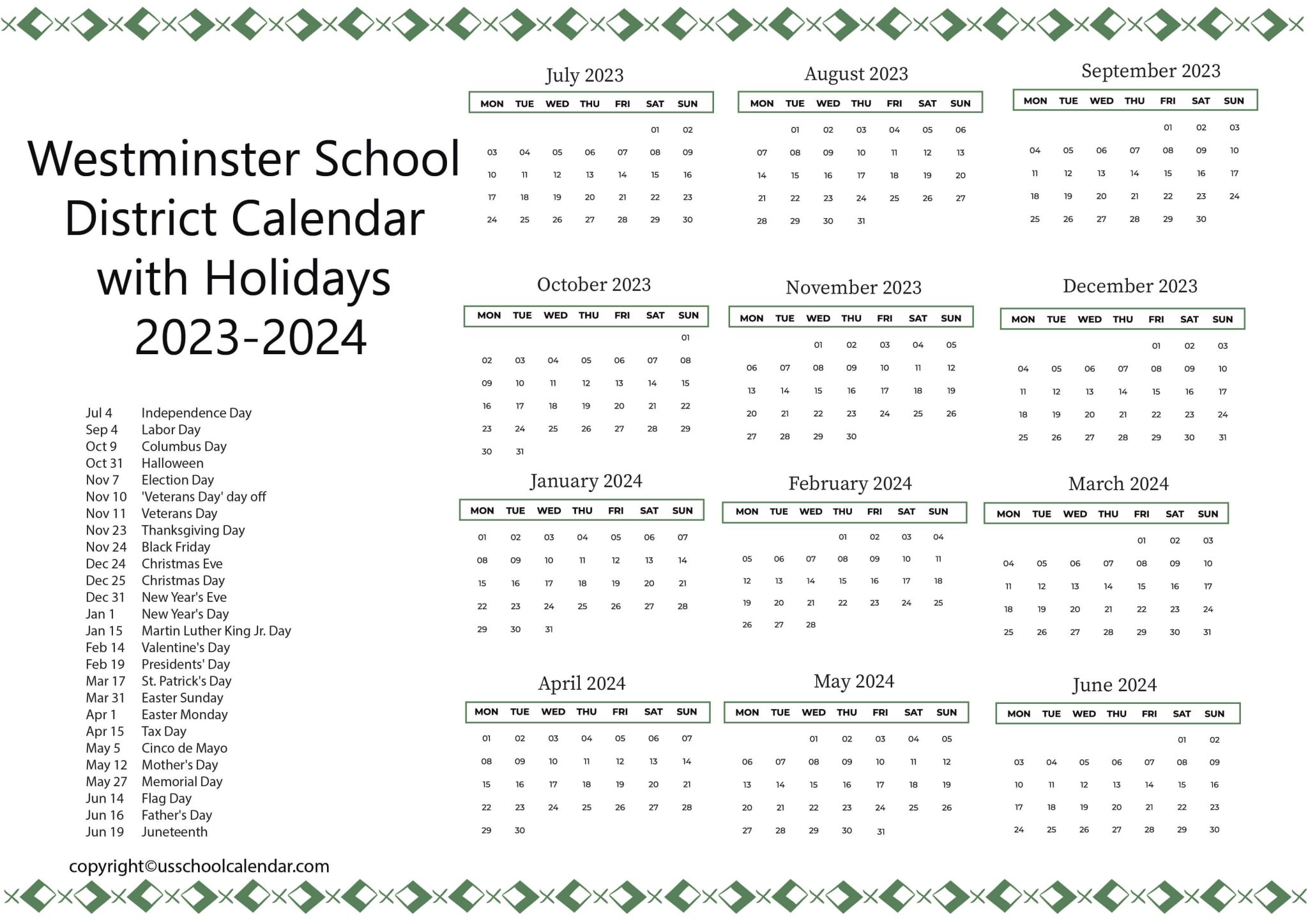 Westminster School District Calendar with Holidays 20232024