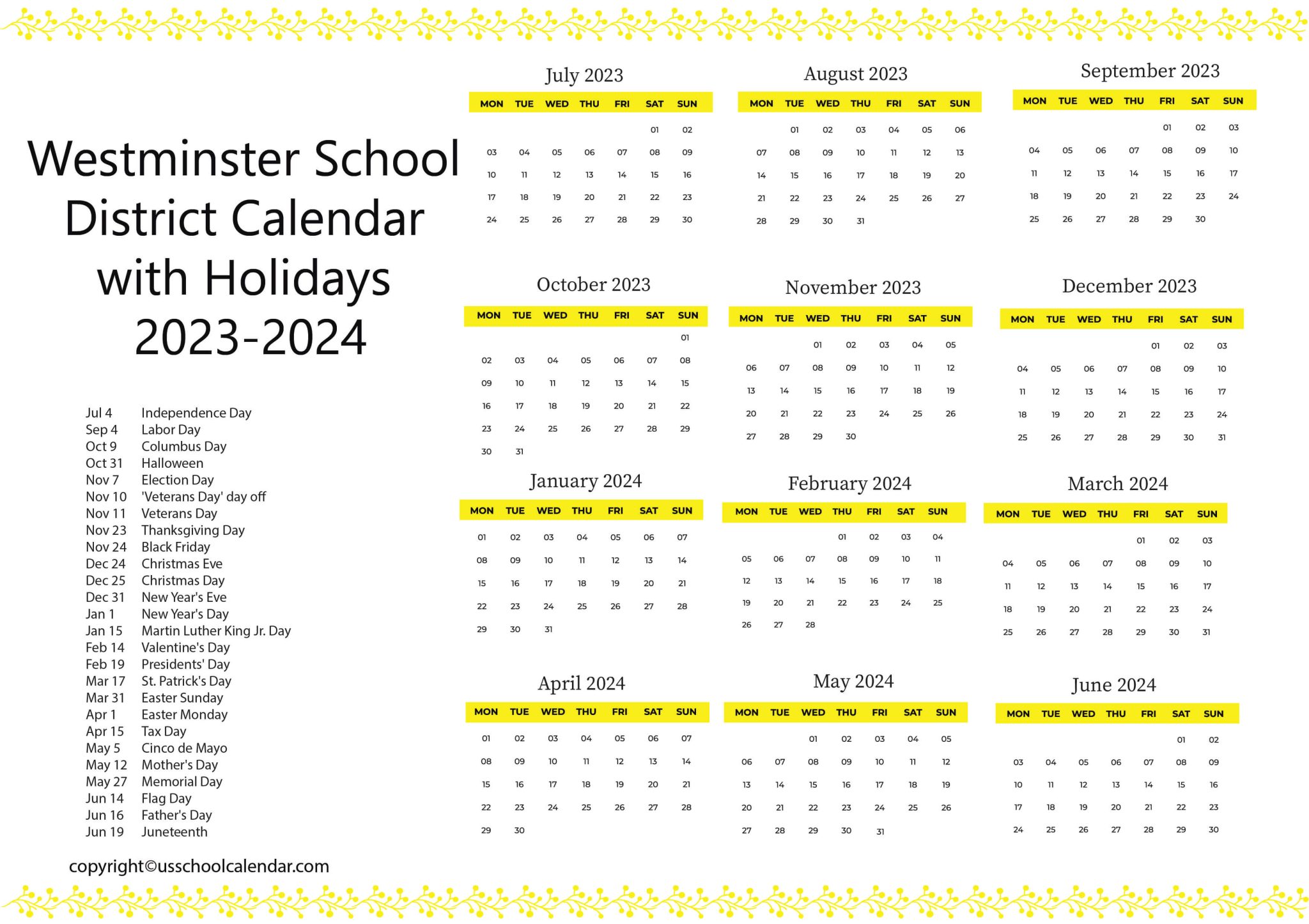 Westminster School District Calendar with Holidays 20232024