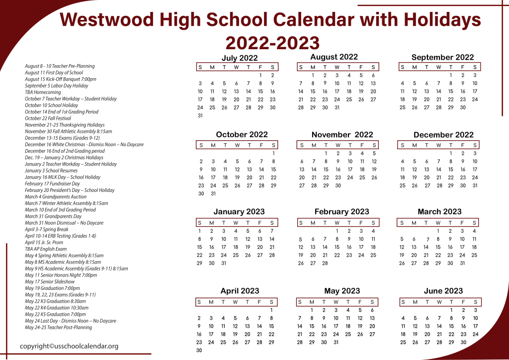 Westwood High School Calendar with Holidays 2022-2023