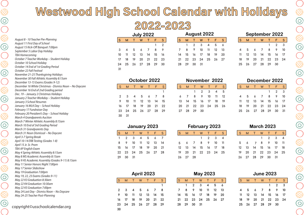 Westwood High School Calendar with Holidays 2022-2023 2