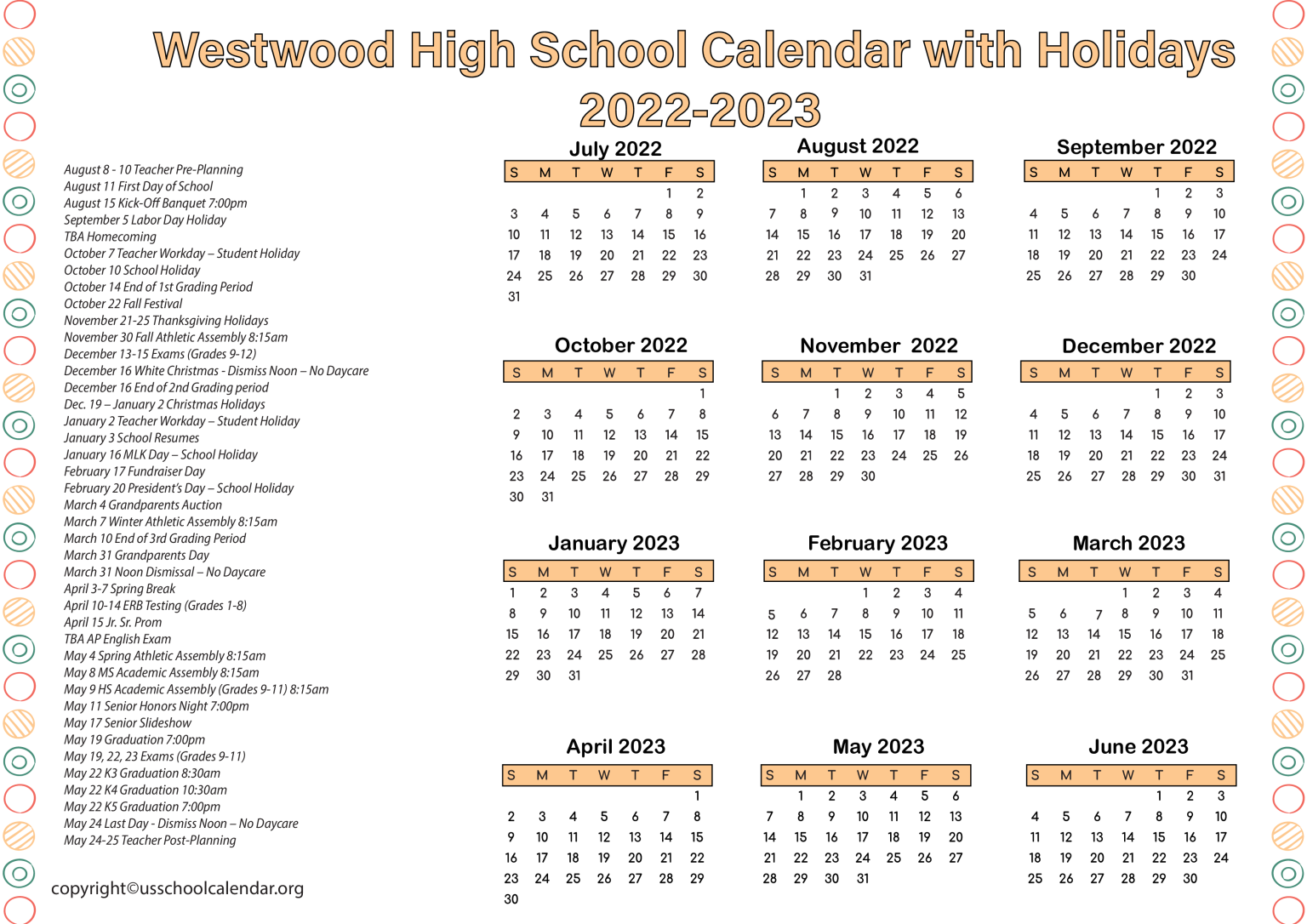 Westwood High School Academic Year Calendar US School Calendar