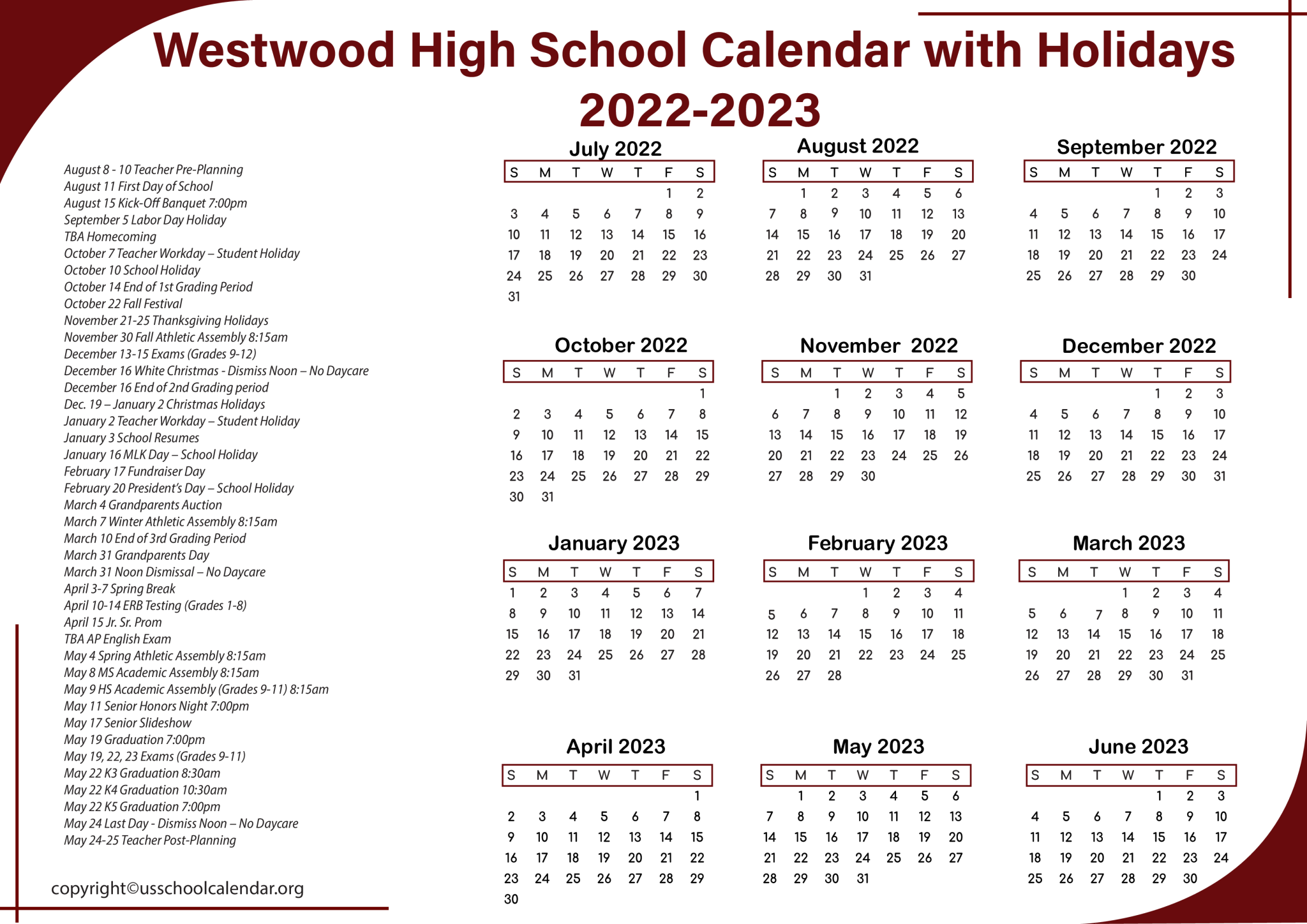 Westwood High School Academic Year Calendar US School Calendar