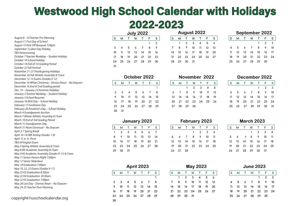 Westwood High School Calendar with Holidays 20232024