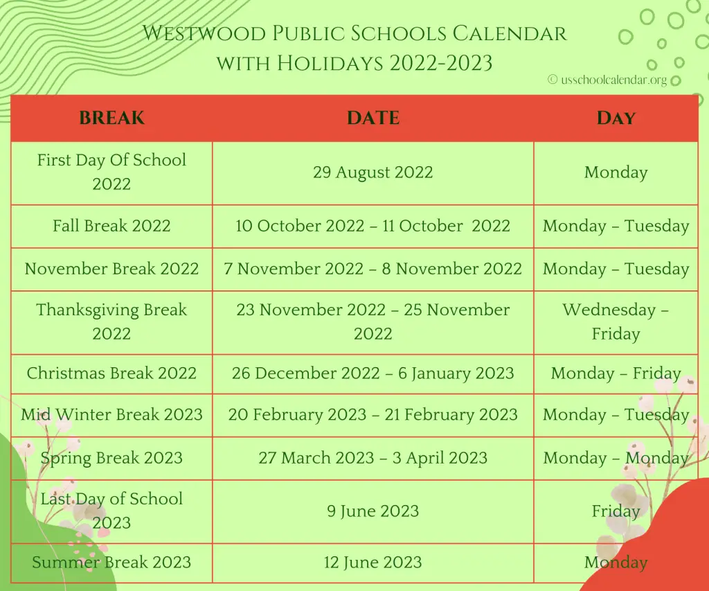 Westwood Public Schools Calendar with Holidays 2022-2023