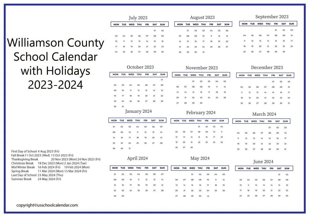 Williamson County School Calendar