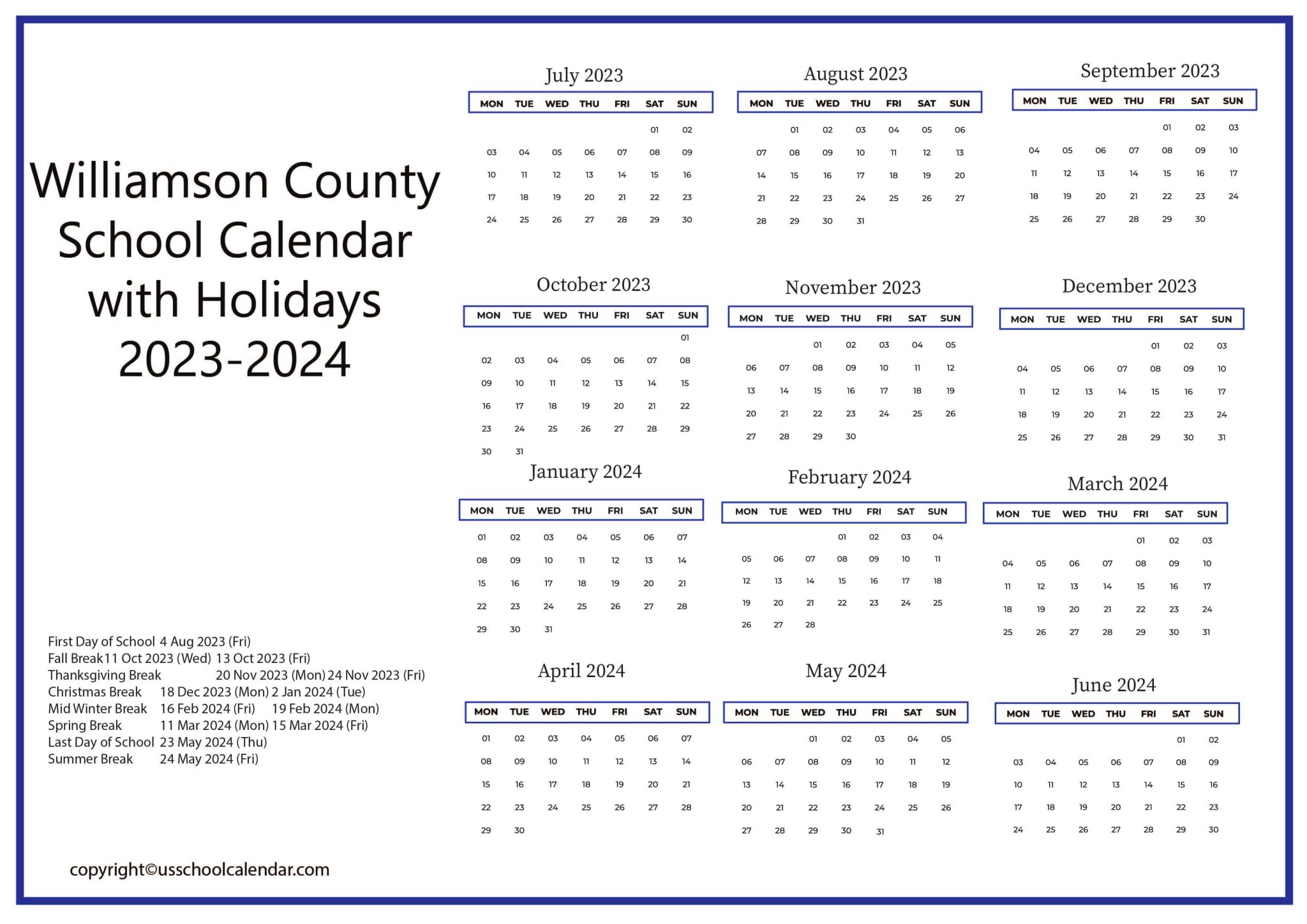 Williamson County School Calendar with Holidays 20232024