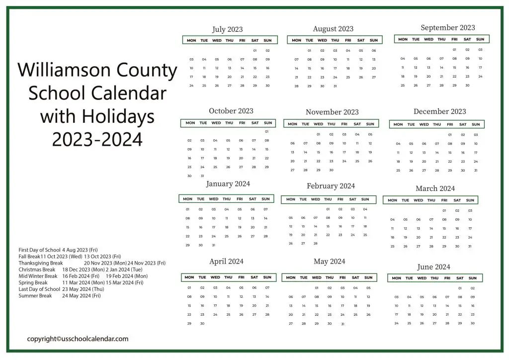 Williamson County School District Calendar