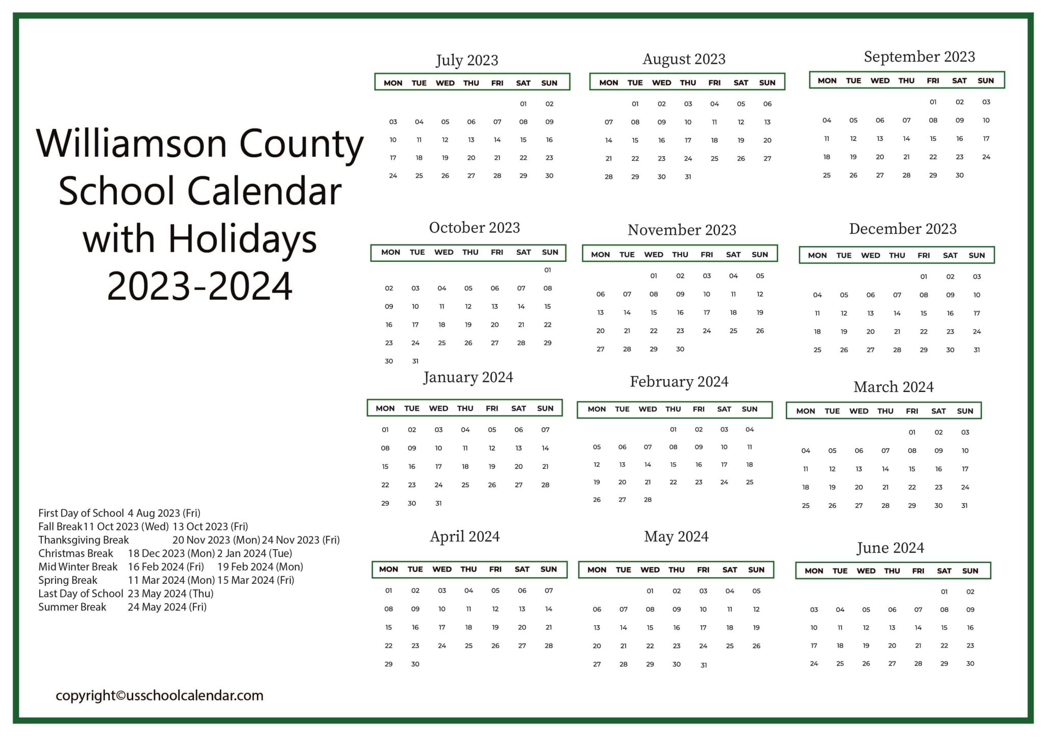 Williamson County School Calendar with Holidays 2023 2024