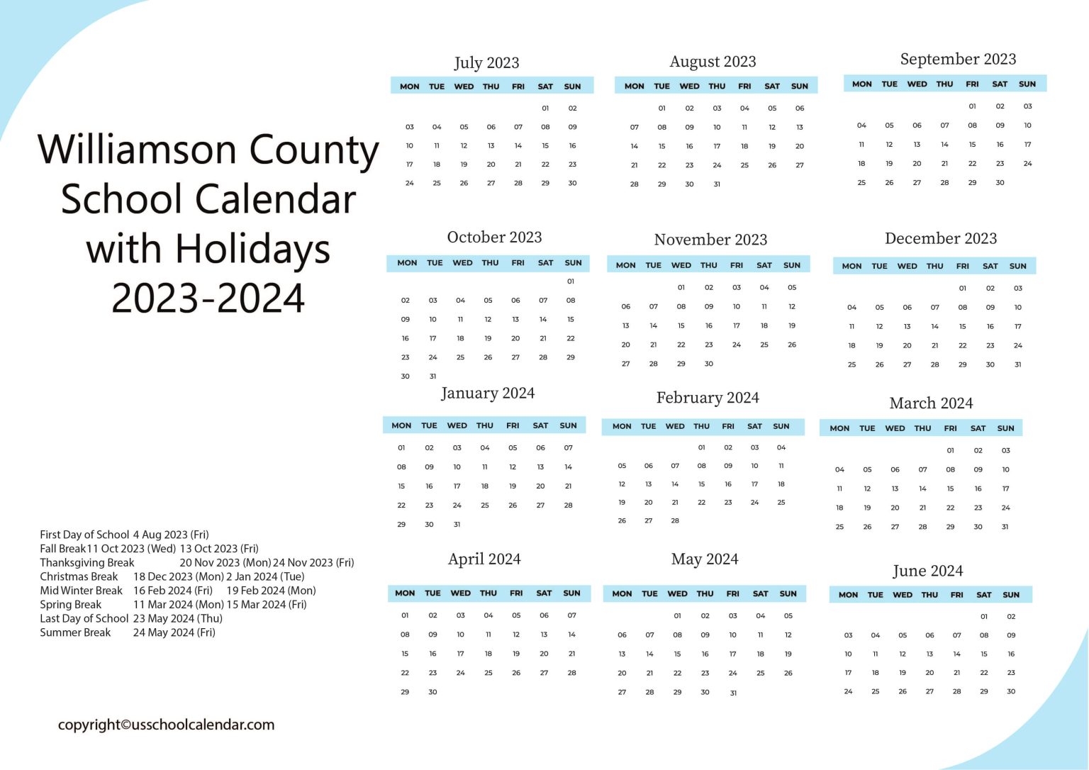 Williamson County School Calendar with Holidays 20232024