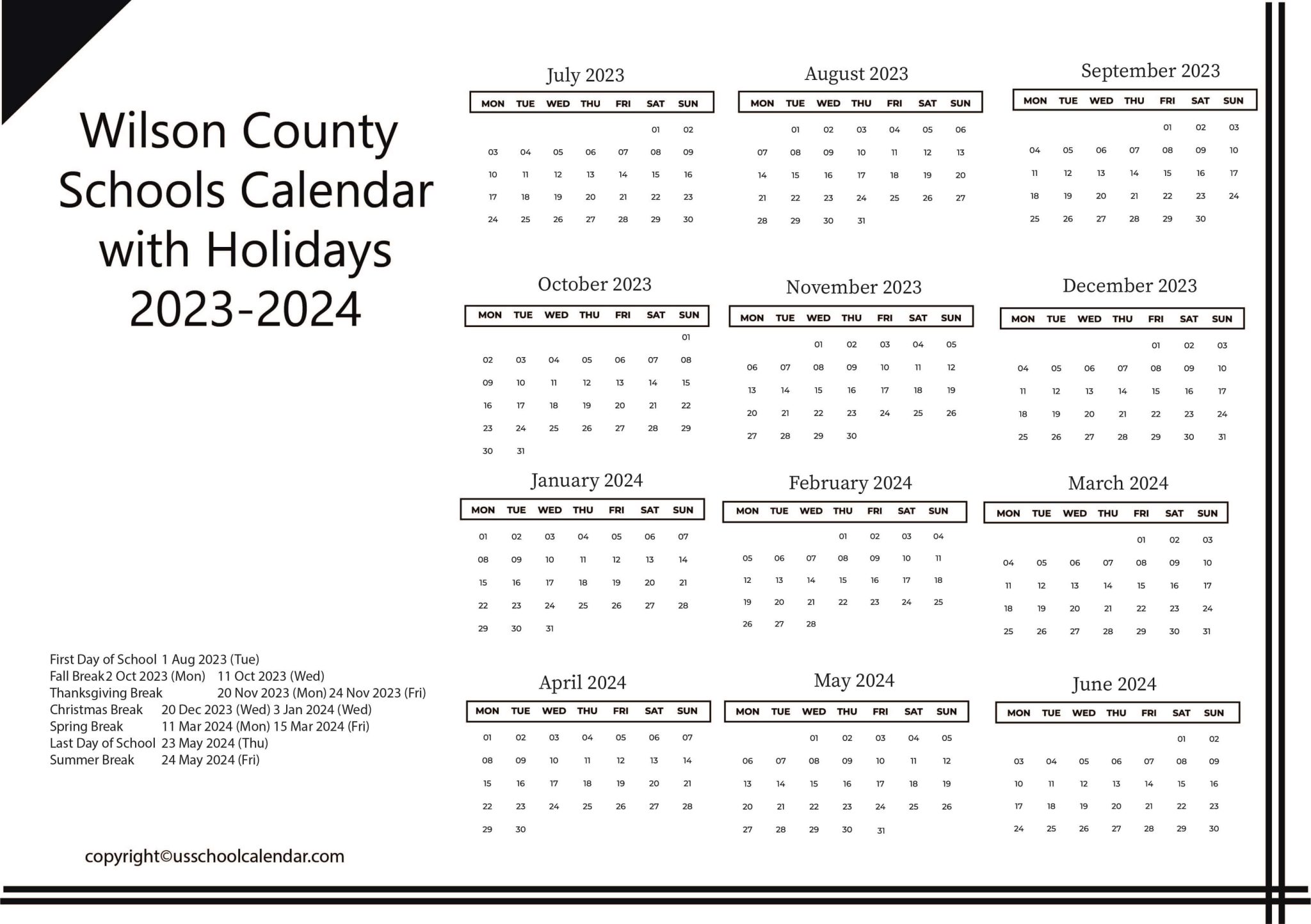 Wilson County Schools Calendar with Holidays 20232024