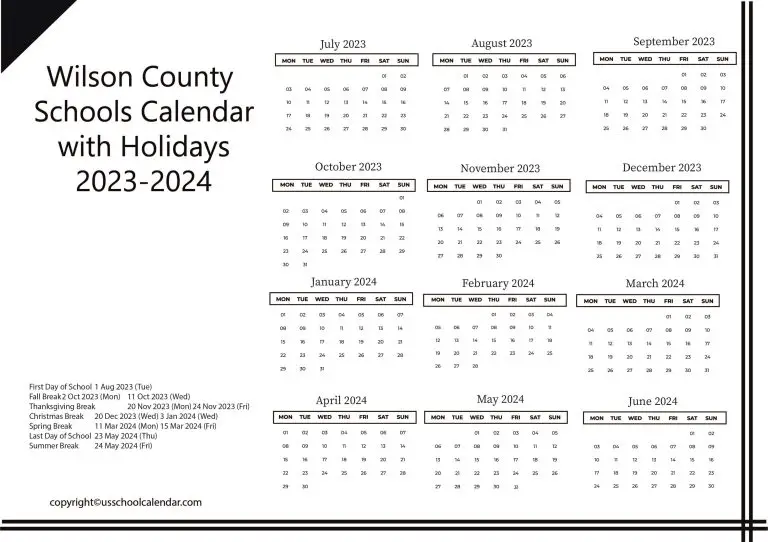 Wilson County Schools Calendar with Holidays 20232024