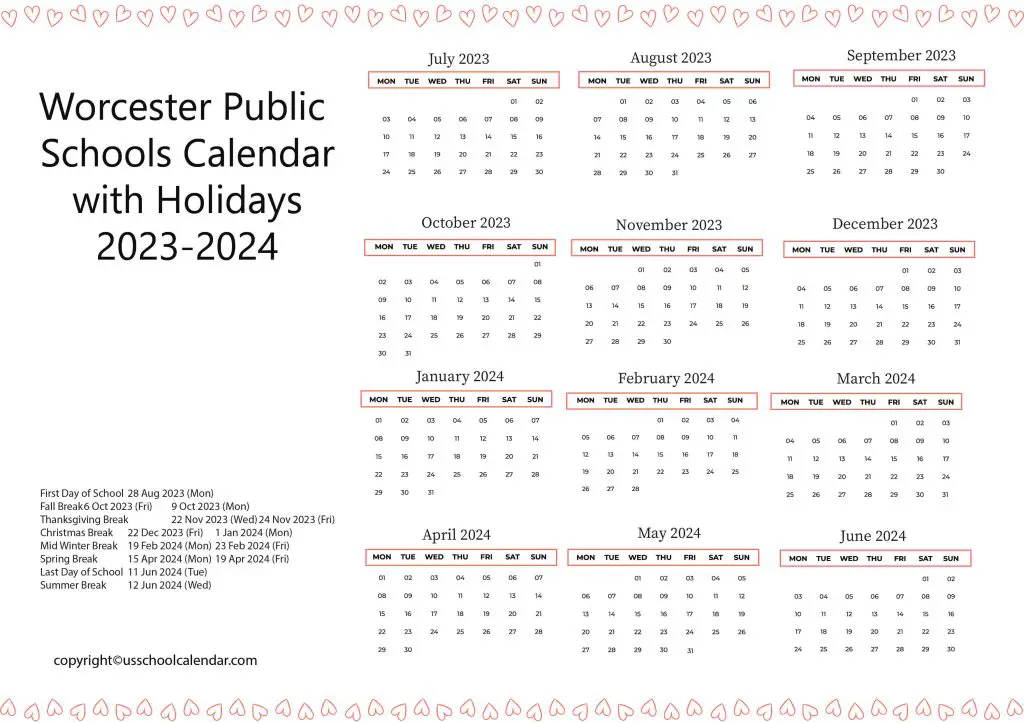 Worcester Public Schools District Calendar