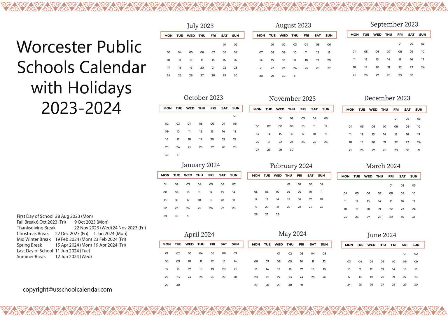 Worcester Public Schools Calendar with Holidays 20232024