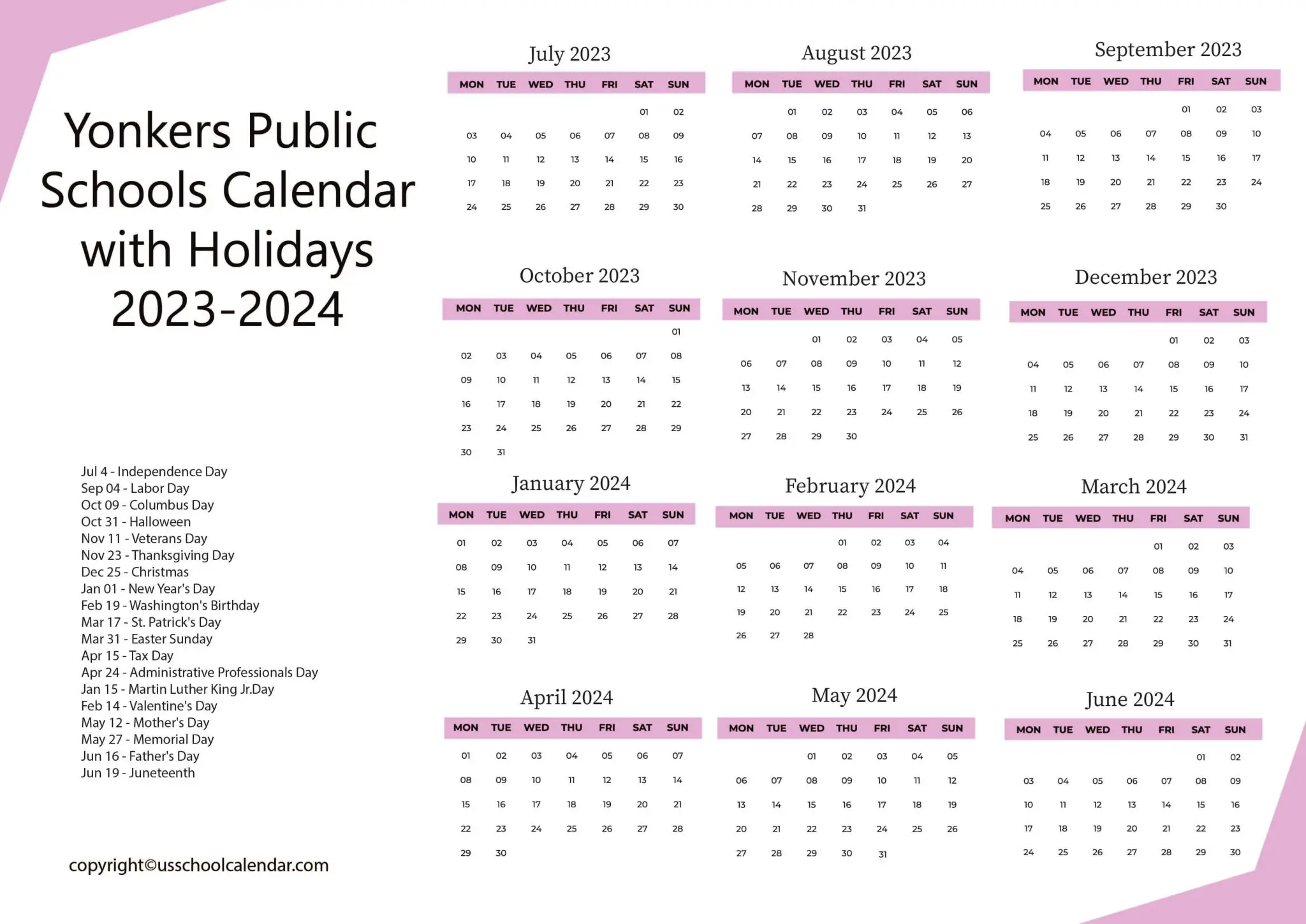 Yonkers Public Schools Calendar with Holidays 20232024